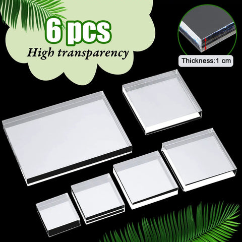 Set Of Six Clear Acrylic Styling Blocks And Flat Lay Props Ideal For Wedding Centerpieces And Product Shoots showing various sizes.