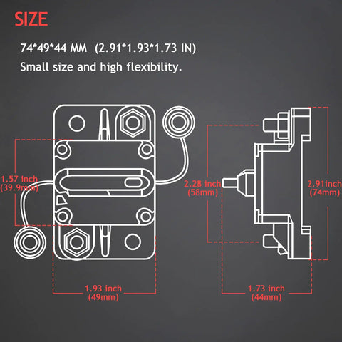 Diagram of 100 Amp Manual Reset Circuit Breaker Pack For Cars, Marine, Trolling Motors, Boats, And ATVs with size dimensions.
