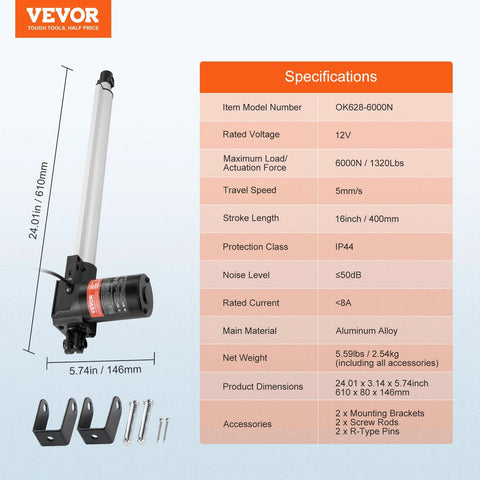 VEVOR 12V aluminum linear actuator with 16-inch stroke, two mounting brackets, and mounting hardware