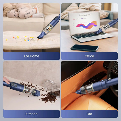 Cordless Handheld Vacuum With 12KPa High Power Suction, cleaning crumbs at home, dust in office, coffee beans in kitchen, and car.
