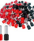 100 Pcs 4 AWG Ferrule Connectors Ends Insulated Cable Ferrule Crimp Terminal Kit For Car Audio Electronics And Communication Equipment Durable Tin Copper Anti Oxidation Low Resistance Black And Red Must Have For DIY Wiring showing a mix of black and red ferrules.