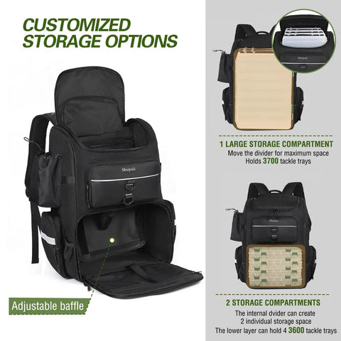 Large Fishing Backpack With Rod Holders, Waterproof 45L Tackle Box Pack showing storage options with adjustable baffles.
