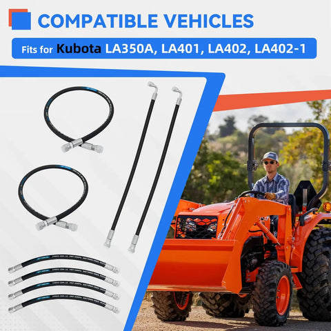 Front Loader Hydraulic Hose Kit For Boom And Bucket Cylinders, Beefed-Up Heavy Duty Replacement Set displayed with tractor