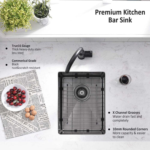Undermount 14 Inch Bar Sink Black Stainless Steel Single Bowl 16 Gauge Dope Durable Wet Bar Prep RV Camper Outdoor Kitchen Sink With Bottom Grid And Drain, overhead view
