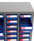 Heavy Duty Steel Parts Cabinet, 75 Drawer Bolt And Nut Sorter With Built In Dividers, grey cabinet drawers open