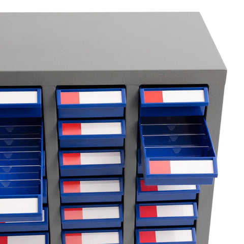 Heavy Duty Steel Parts Cabinet, 75 Drawer Bolt And Nut Sorter With Built In Dividers, grey cabinet drawers open