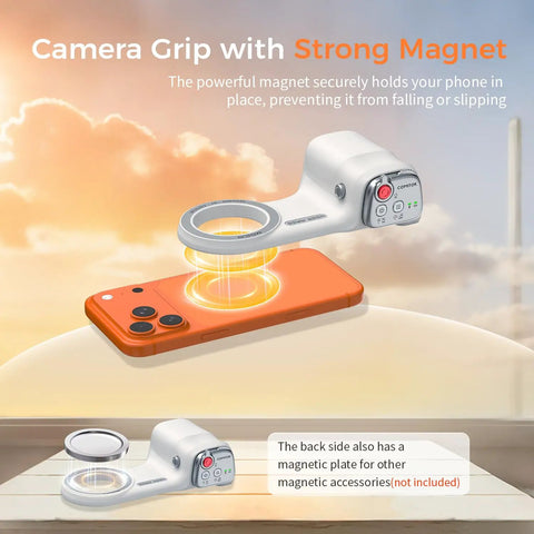 Phone Camera Grip For iPhone Pro Max With Thumb Rest Enhanced Mount And Detachable Remote on table with orange phone