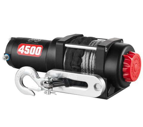 Beefy 4500 Pound Winch Kit With 12V Power And 45 Foot Synthetic Rope For UTV Recovery, black winch, red knob, silver hook.