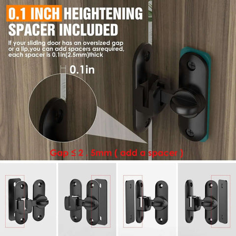 Compact 90 180 Degree Sliding Door Latch with spacer, black, heavy duty zinc alloy, installed on wooden door