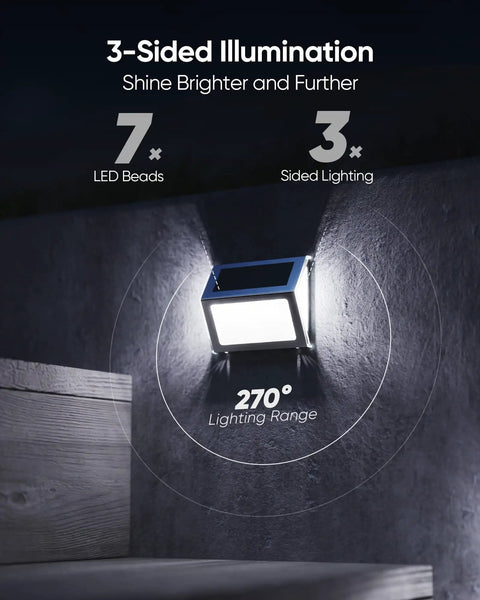 16 Pack 3 Sided Solar Deck Lights Stainless Steel Waterproof IP65 Outdoor Lights on wall, showing 3-sided illumination