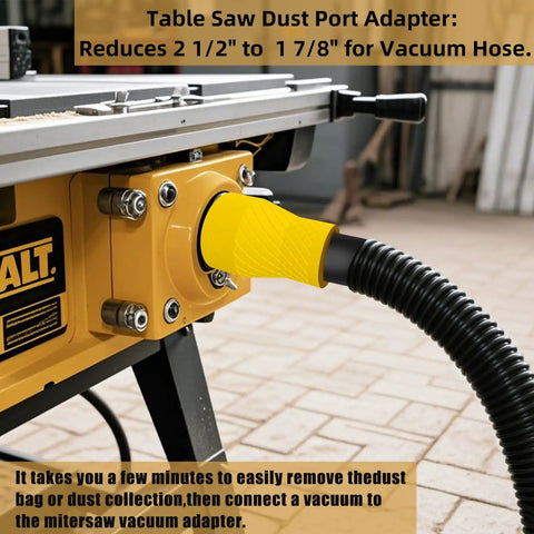 Universal Dust Collection Adapter For Miter Saws And Table Saws Flexible TPU Hose installed on a table saw with shop vac hose