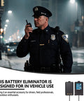 Police officer at night using two-way radio with product overlay; Two Pack Battery Eliminator Replacement For UV 5R Series Radios In Car 12V DC Power Adapter visible.