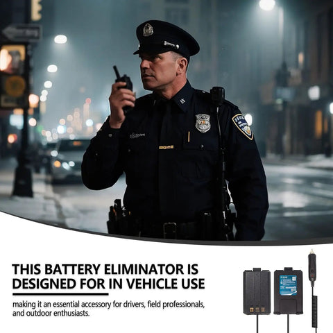 Police officer at night using two-way radio with product overlay; Two Pack Battery Eliminator Replacement For UV 5R Series Radios In Car 12V DC Power Adapter visible.
