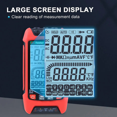 Digital Multimeter With TRMS And 9999 Counts Auto Ranging Backlight Display showing large clear screen.