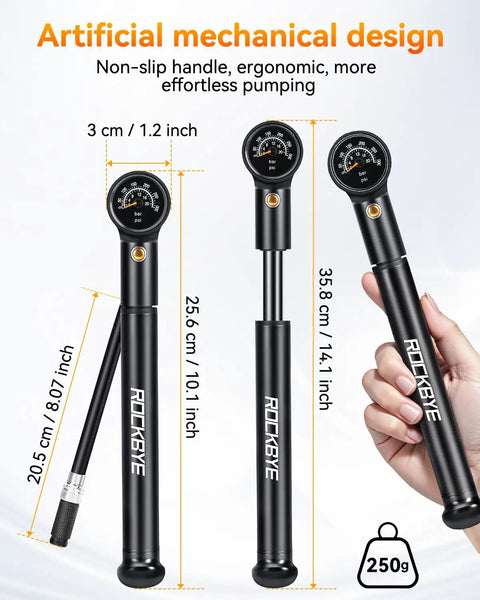 Dope Portable Bike Pump With Gauge 300 PSI High Pressure Hand Pump showcasing size and design features with ergonomic handle.