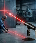 A worker using a laser leveling tool with red lines on a metal surface in a workshop, highlighting the 2 Pack Three Head Laser Level With 2M Charger And Base, Rechargeable Worksite Beast With 520nm Green And 650nm Red Cross And Linear Lasers For Fast Woodworking, Construction, And Fabric Cutting.