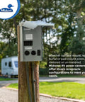 Heavy Duty 100 Amp RV Power Outlet Box With Gfci Receptacle And Prewired Breakers mounted on post in outdoor setting.