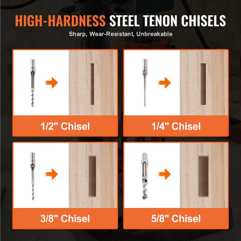 Heavy Duty Drill Press Mortising Attachment With Square Hole Chisel Set And Five Precision Bushings For Woodworkers display of high-hardness steel tenon chisels.