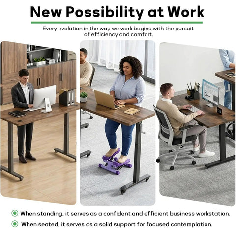 Zero Hassle Height Adjustable Standing Desk With Bulletproof Steel Frame And Chunky Desktop, featured in various work settings.