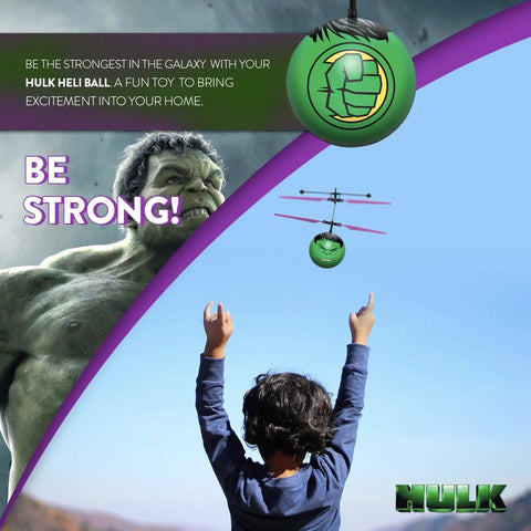 Child plays with Motion Sensing Hulk Flying Orb Toy With USB Charging Marvel Licensed Indoor Outdoor Ball Drone For Kids 6 And Up Hands Free Control No Remote Safe Crash Resistant Flying Fun