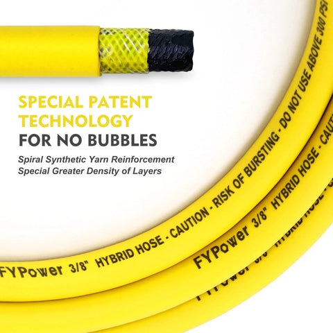 Heavy Duty Hybrid Air Compressor Hose 3/8 Inch X 50 Foot Lightweight Kink Free Airline showing spiral synthetic yarn reinforcement.
