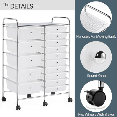 15 Drawer Rolling Storage Cart On Wheels With Two Drawer Sizes White Go To Multi Purpose Mobile Organizer For Craft Supplies Scrapbook Paper Tools Home Office Garage, featuring handrails, round knobs, and two lockable wheels.