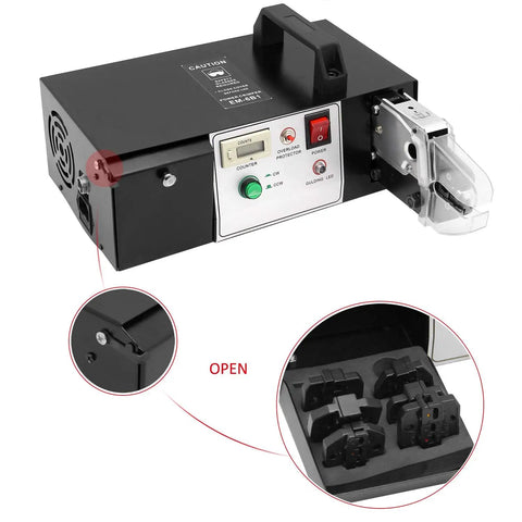 Heavy Duty Electric Terminal Crimping Machine And Automatic Wire Crimper For Insulated Terminals control panel and open compartment view.
