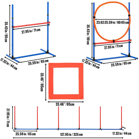 Dimensions of All In One Dog Agility Training Kit With 4 Adjustable Hurdles 6 Weave Poles Jump Ring Square Pause Box