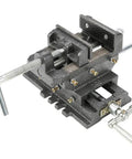 Fabater Drill Press Vise Heavy Duty Steel Construction with widened jaws, showing clamping mechanism and mounting holes.