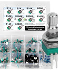 60 Pcs 9mm Onboard PCB Potentiometer Assortment Kit with 10 values, vertical leg terminals, 15mm axis, for prototyping audio projects