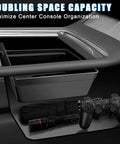 Tesla Model Y Center Console Organizer Tray Five Piece Set For 2021 To 2024 featuring hidden drawer storage and compartments for small items