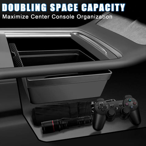 Tesla Model Y Center Console Organizer Tray Five Piece Set For 2021 To 2024 featuring hidden drawer storage and compartments for small items