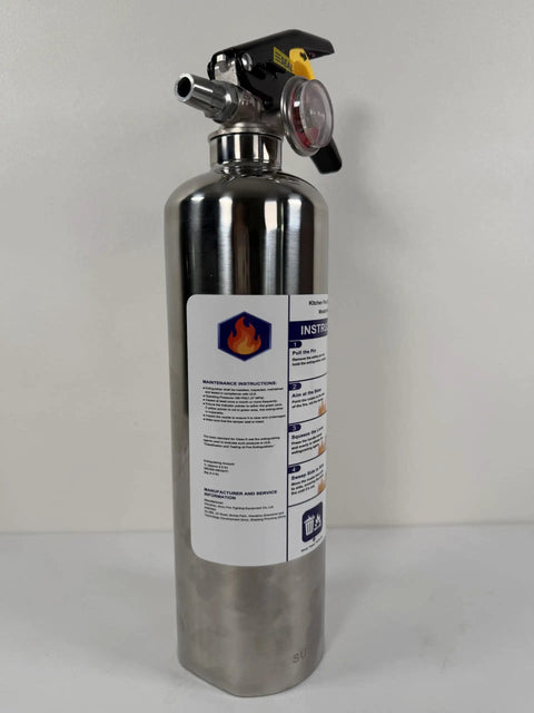 Heavy Duty Class K Wet Chemical Fire Extinguisher 34 Fl Oz 2 Pack with instructional label for kitchen use.