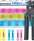 100 Pieces Heat Shrink Butt Connectors With Crimping Tool Set 22 10 AWG Waterproof Electrical Wire Connectors displayed with crimping tool