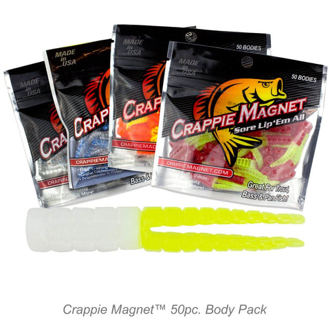 50 Pack Split Tail Grub Body Lures For Crappie Fishing Vertical Jig Tackle For Freshwater Crappie White And Chartreuse Colors Tournament Proven Bait To Outfish Skirts And Curly Tails packages with lures displayed