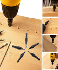 Five Piece Hex Shank Countersink Drill Bit Set With Titanium Coated High Speed Steel Twist Bits And Rugged Wrench shown in use on wood.