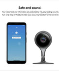 Smartphone displaying app next to Indoor 1080p Security Cam With Night Vision, 24 Seven Live Video, Remote Viewing From Your Phone.
