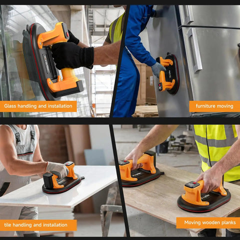 TorqTac 10 Inch Electric Vacuum Suction Cup Lifter With 662 Lbs Heavy Duty Load Capacity used in glass handling and installation.