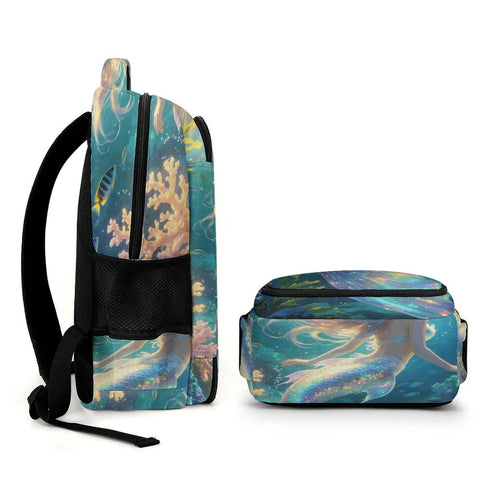 Iridescent Mermaid Print Backpack for Adults and Teens, side view and front view showing print and large-capacity design