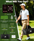 Man carrying a bag with 10 By 7 Foot Golf Practice Net With 2 Targets, mat, stakes, and tees on a golf course
