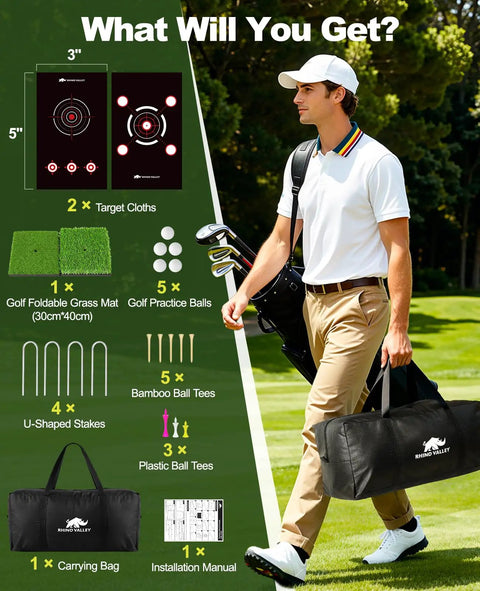 Man carrying a bag with 10 By 7 Foot Golf Practice Net With 2 Targets, mat, stakes, and tees on a golf course