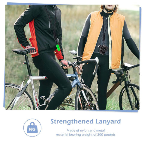 Cyclists wearing black and orange jackets using paracord neck lanyard with camera and bike equipment in outdoor setting.