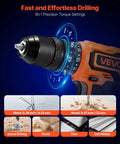Cordless 5-In-1 Drill Driver Kit with Dual Speed, Quick-Change Chuck shown drilling into metal and wood with torque settings.