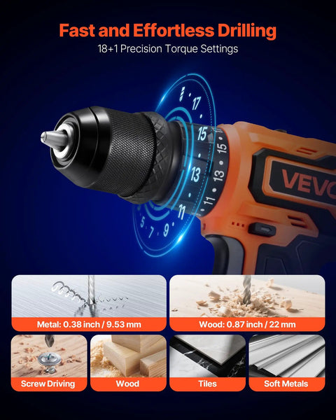 Cordless 5-In-1 Drill Driver Kit with Dual Speed, Quick-Change Chuck shown drilling into metal and wood with torque settings.