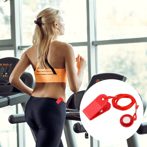 Woman jogging on treadmill featuring Universal Treadmill Safety Key Replacement With Emergency Stop Magnet accessory, red PVC key visible.