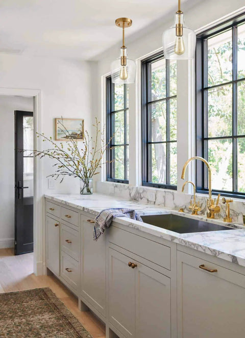 Sleek Modern Brass Glass Kitchen Pendant Light With Rod-Hung Design, Gold Finish One-Light Fixture, Hand-Blown Glass Shade