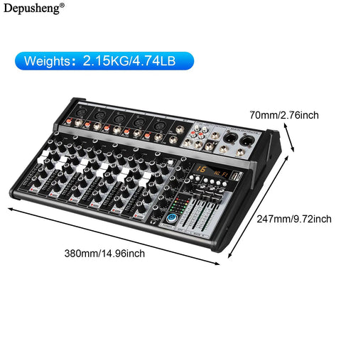 7 Channel Audio Mixer With Bluetooth Interface 16 Bit DSP Effects 48V Phantom Power Karaoke Studio Streaming And Recording Professional DJ Mixing Console XT7 with dimensions displayed.