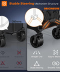 Close-up view of stable steering mechanism of Double Deck Folding Wagon With 54 Inch Tailgate And 560 Lb Capacity, Heavy Duty All Terrain Beach Cart For Camping, Groceries, And Sports, Extra Large Foldable Wagon With Big Wheels, Easy Storage, Black