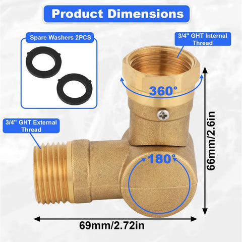 Effortless Flow Brass Hose Connector With 180 Degree And 360 Degree Swivel No Tangling Three Quarters Inch Water Hose Adapter LeakProof Spigot Fitting With Washers For Garden RV And Outdoor Irrigation brass 3/4" GHT adapter with washers and dimensions shown