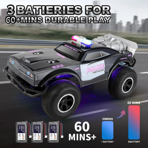 Remote Control Police Car With Lights And Sirens For Kids 1 to 8 Scale RC Cop Truck With 3 Rechargeable Batteries, side view